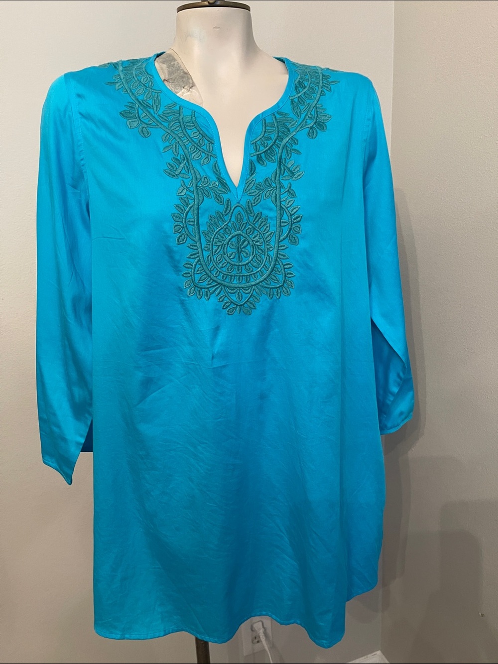 Sigrid Olsen Turquoise Embroidered V-Neck Tunic